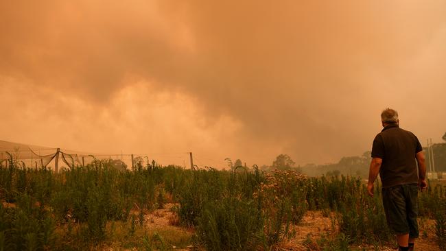 Residents look on as the Grose Valley Fire approaches the Bilpin Fruit Bowl. Picture: AAP