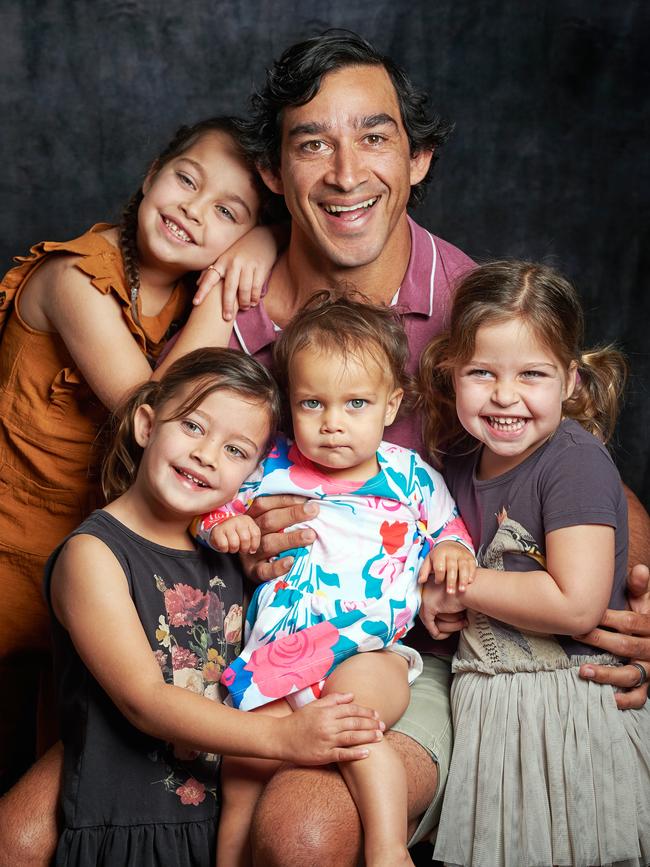 Retired rugby league legend Johnathan Thurston and his daughters. Picture: Scott Radford-Chisholm