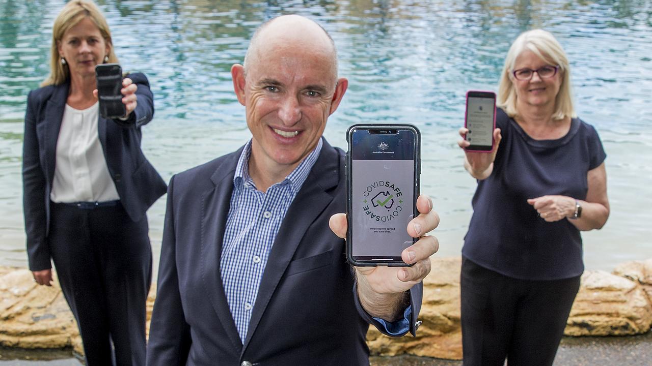 Federal MPs Angie Bell, Stuart Robert and Karen Andrews get behind the COVIDSafe app. Picture: Jerad Williams