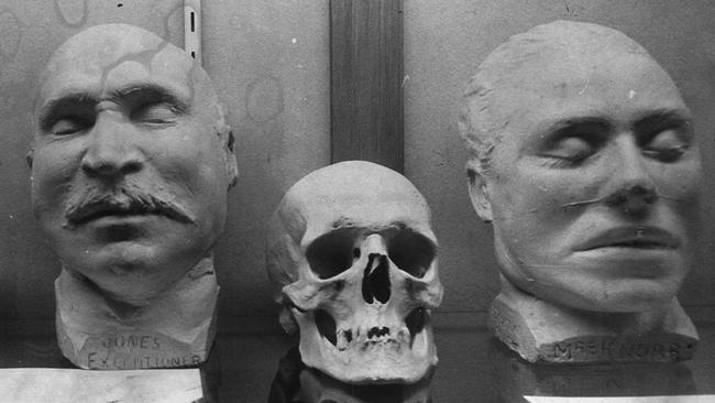 Death masks at Old Melbourne Gaol of hangman Jones and Mrs Frances Knorr. Jones cut his throat rather than hang Mrs Knorr, who was condemned for the murder of several children. She was later executed by another hangman.