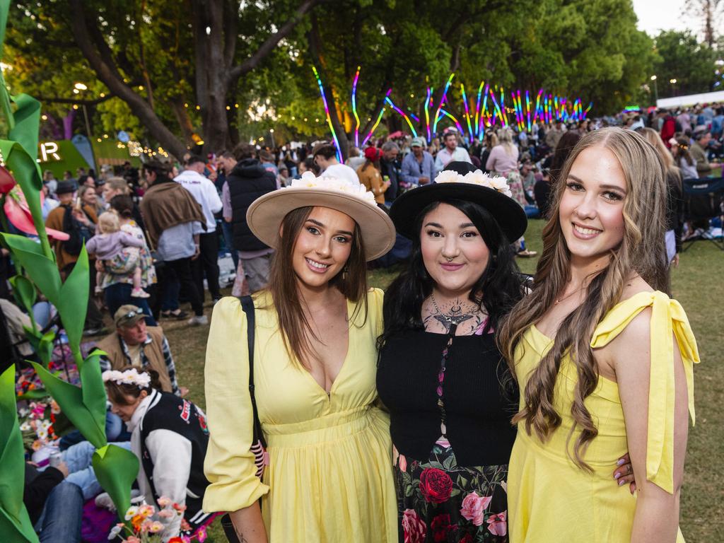 Having a great time are (from left) Hannah Reichle, Samantha Tranent and Tahlia Grimes at Toowoomba Carnival of Flowers Festival of Food and Wine, Saturday, September 14, 2024. Picture: Kevin Farmer