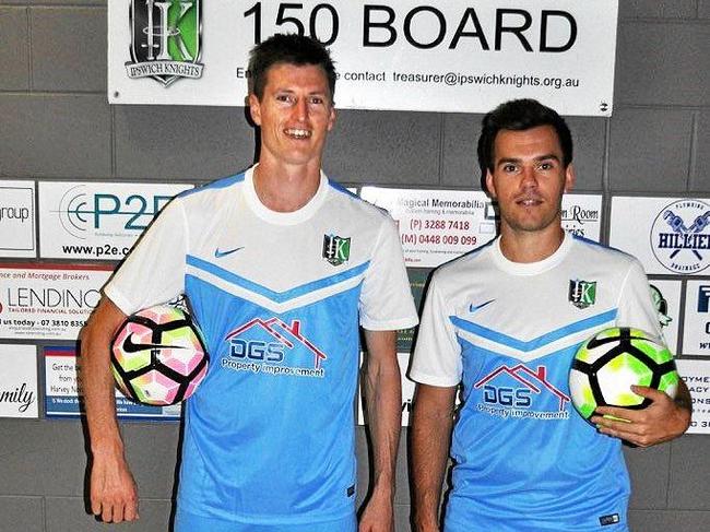 Ipswich Knights players Peter Drager (left) and Dale Robinson try out the club&#39;s Brisbane Premier League symbolic away strip being worn next weekend. Picture: Contributed