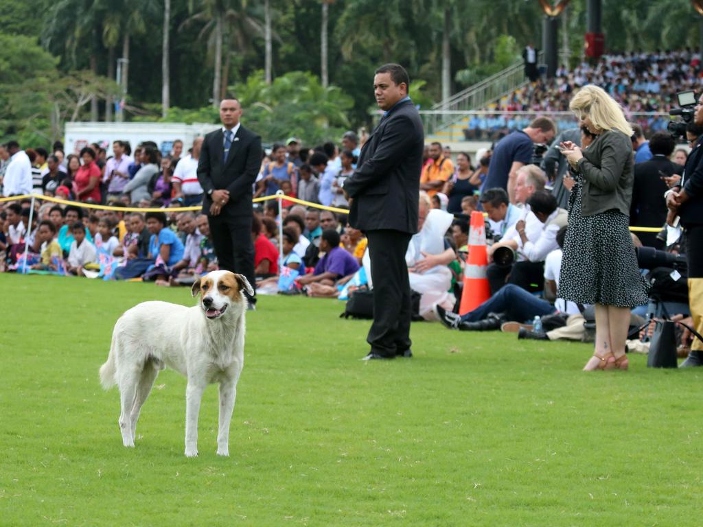 Crowds gather for the arrival of The Duke and Duchess of Sussex, Prince Harry and Meghan at Prince Albert Park in Suva for their traditional welcome to Fiji. Picture: Nathan Edwards.