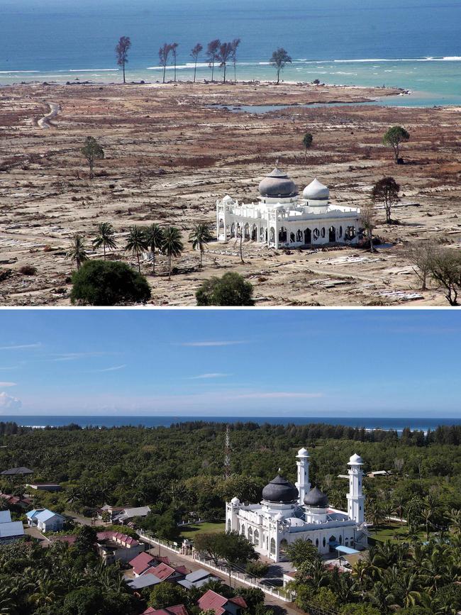 An aerial view of Rahmatullah mosque in Lhoknga, Aceh province on January 14, 2005 amid destruction after the December 26, 2004 tsunami (top) and the same mosque on November 27, 2024. Picture: AFP