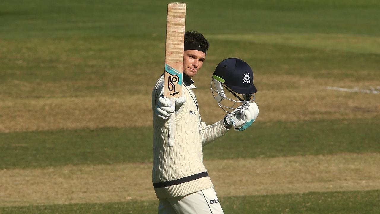 Peter Handscomb celebrates a century in the Sheffield Shield.