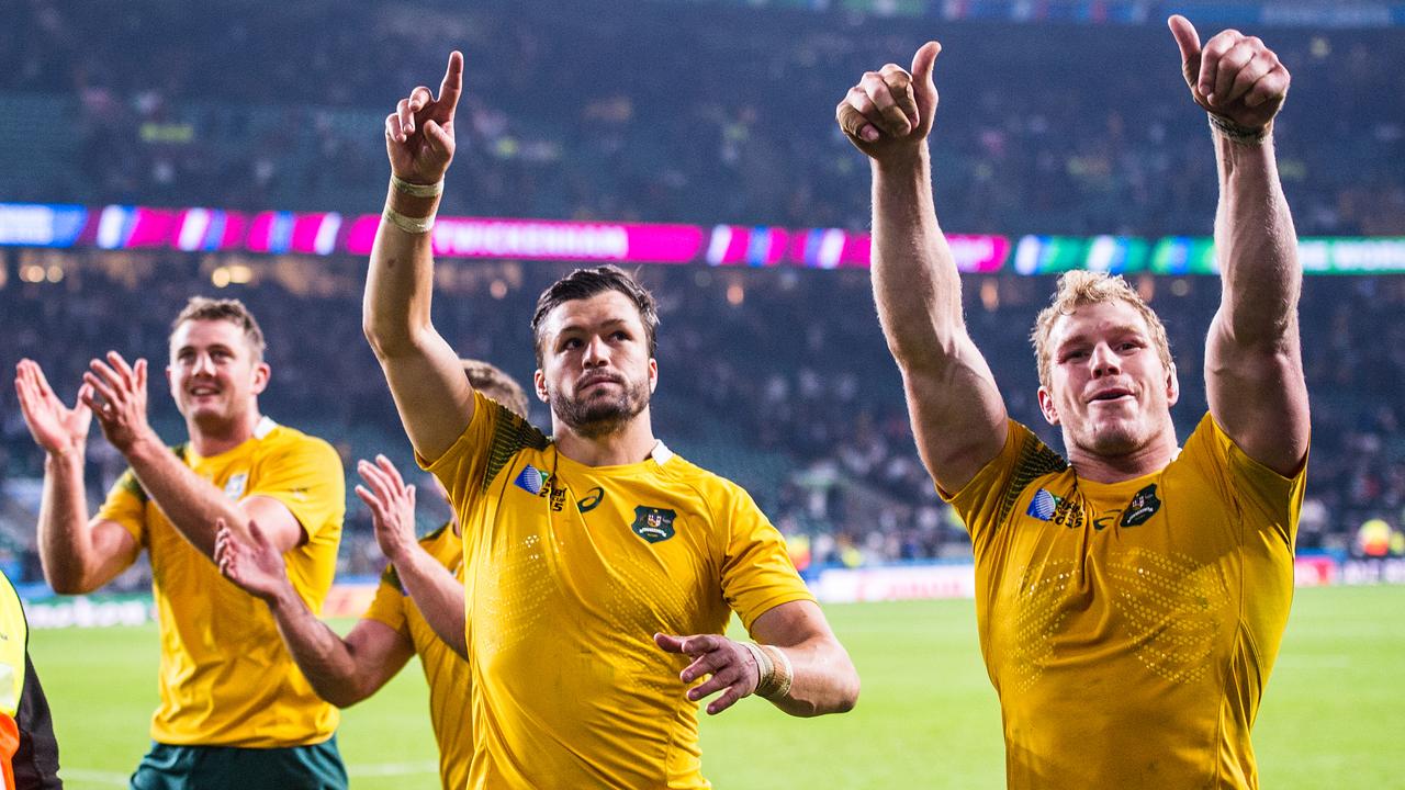 Wallabies Dean Mumm, Adam Ashley-Cooper and David Pocock thank fans at the 2015 Rugby World Cup.