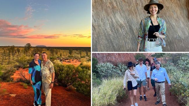 (Clockwise from left) Comedian Celeste Barber with her husband Api Robin, Masterchef Australia judge Sofia Levin, TV personality Courtney Roulston with viral music composer Bailey Pickles and Voyages Indigenous Tourism chief executive Matt Cameron-Smith at Uluru for Ayers Rock Resort 40th birthday.