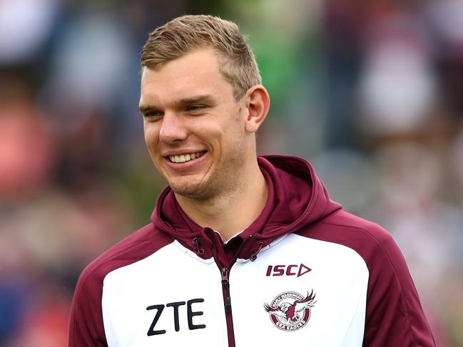 SYDNEY, AUSTRALIA - JUNE 04: Tom Trbojevic of the Sea Eagles watches his team mates warm up during the round 13 NRL match between the Manly Sea Eagles and the Canberra Raiders at Lottoland on June 4, 2017 in Sydney, Australia.  (Photo by Cameron Spencer/Getty Images)