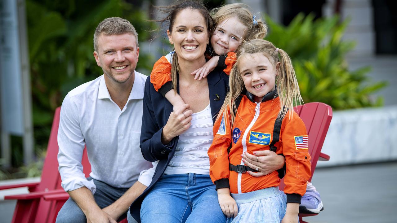 Katherine Bennell-Pegg with her daughters Hazel, 4, and Clara, 6, and husband Campbell. Picture: Mark Brake