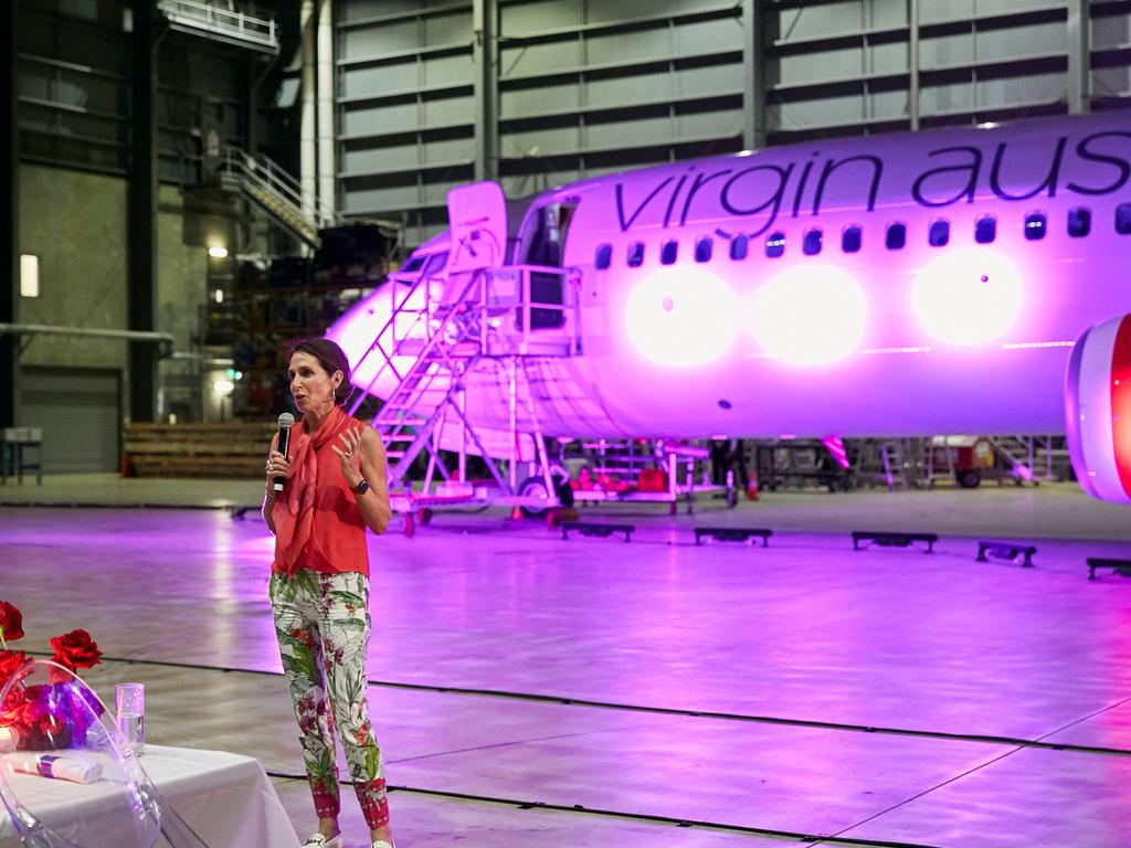 Jayne Hrdlicka at the launch of Virgin Australia's new business-class menu in the Virgin hangar at Brisbane Airport. Picture: Carly Ravenhall