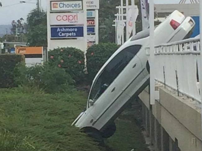 The vehicle came to rest in a garden bed at the Bundall complex. Photo: John O’Brien