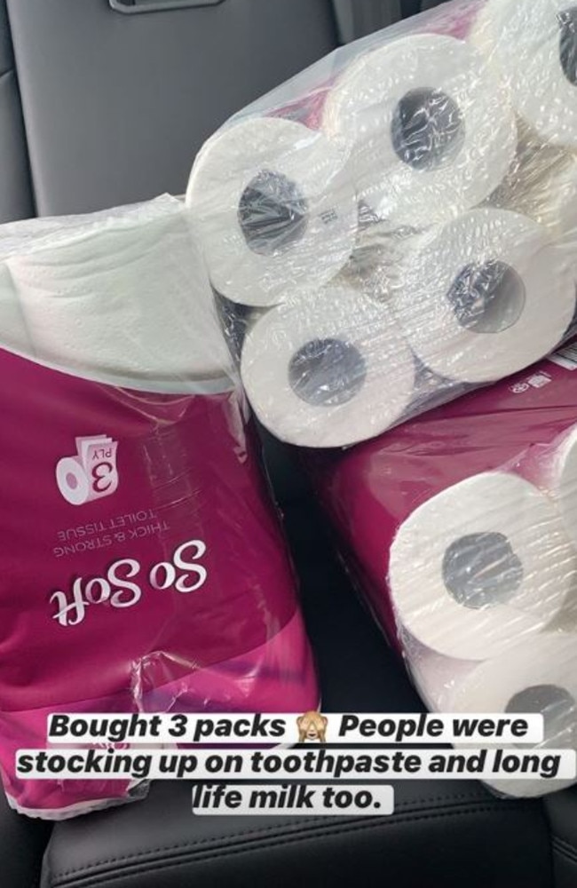 Bec Judd said she managed to get three packs of toilet paper but also noticed people were stocking up on other household items such as life long milk. Picture: Instagram/BecJudd