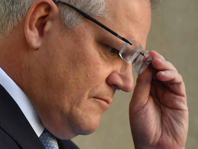 Prime Minister Scott Morrison during a press conference at Parliament House on Sunday. Picture: Getty Images