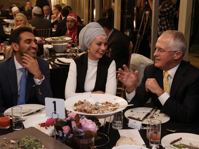 Prime Minister Malcolm Turnbull hosts an Iftar dinner celebrating Ramadan at Kirribilli House in Sydney on June 16. Guests included broadcaster Waleed Aly and his wife Susan Carland. Picture: AAP Image/Fairfax Media Pool, Andrew Meares