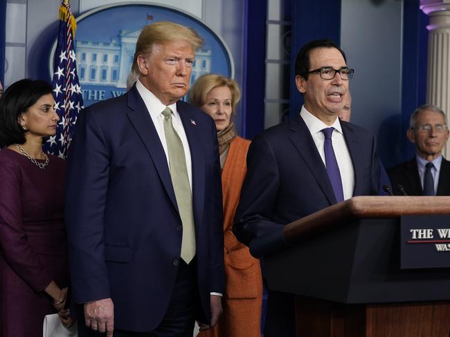 Treasury Secretary Steven Mnuchin speaks during a press briefing with the coronavirus task force. Picture: AP