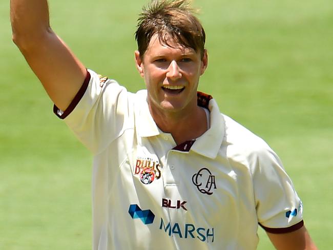 Cameron Gannon of Queensland celebrates dismissing Charlie Wakim of Tasmania during the Marsh Sheffield Shield match between the Queensland Bulls and the Tasmanian Tigers at The Gabba in Brisbane, Friday, February 14, 2020. (AAP Image/Albert Perez) NO ARCHIVING, EDITORIAL USE ONLY, IMAGES TO BE USED FOR NEWS REPORTING PURPOSES ONLY, NO COMMERCIAL USE WHATSOEVER, NO USE IN BOOKS WITHOUT PRIOR WRITTEN CONSENT FROM AAP