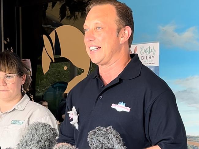 Premier Steven Miles speaking about Molly at Dreamworld on Thursday. Picture: Keith Woods.