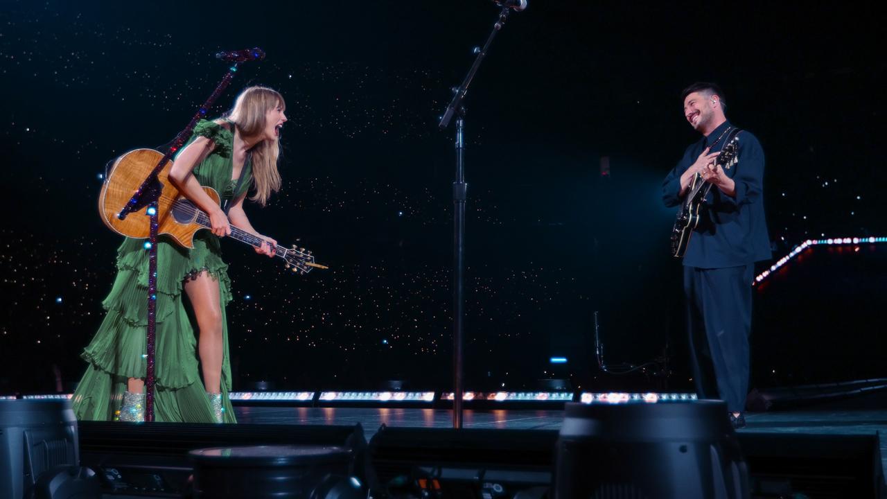 Marcus Mumford joins Taylor on stage during the second night of her Las Vegas shows. Picture: TAS Rights Management/Getty Images