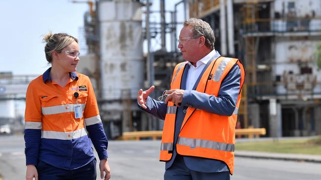 Andrew Forrest with Incitec Pivot worker Christie Rossi during a hydrogen announcement at a Brisbane plant last October. Incitec Pivot has an agreement with Fortescue Future Industries to study the feasibility of green ammonia production there. Picture: AAP