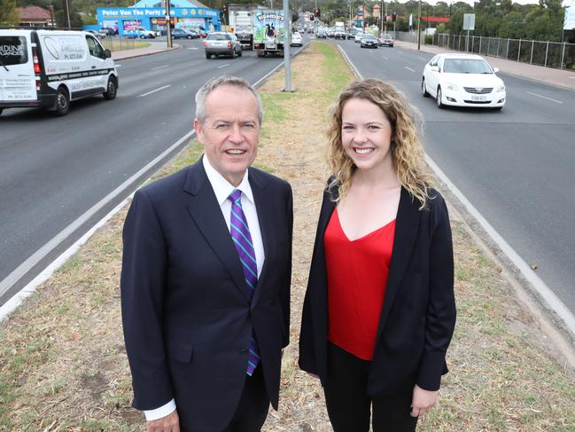 Bill Shorten with Labor candidate for Boothby, Nadia Clancy, at Springbank, Daws and Goodwood Rd intersection last month. 