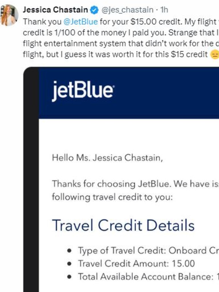 Jessica Chastain shamed budget airline JetBlue to her almost 1 million followers.