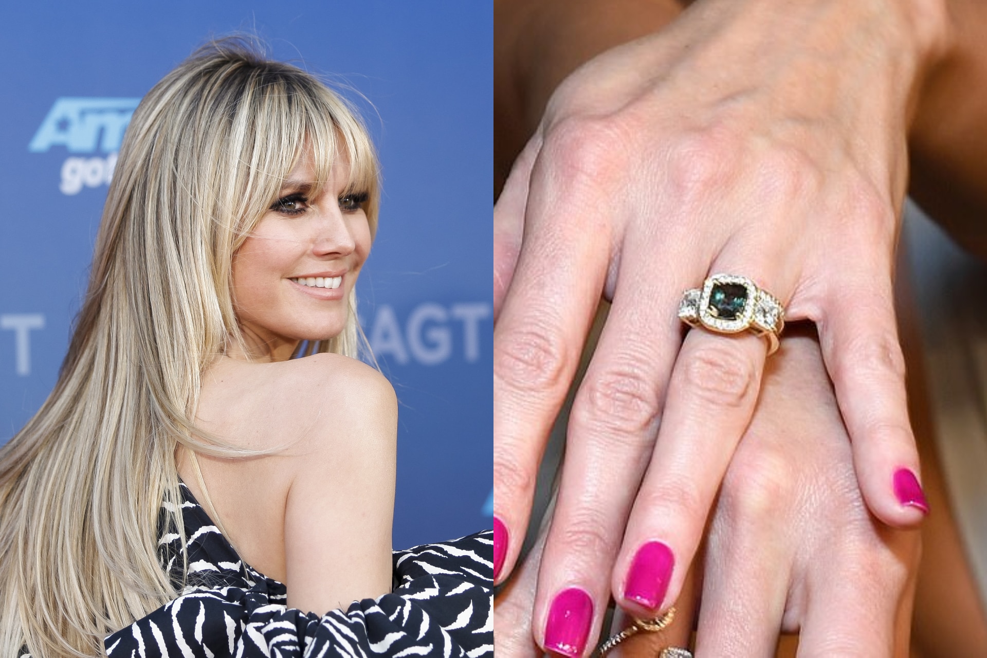 <h3><b>Heidi Klum</b></h3><p>Designed by partner Tom Kaulitz, Heidi Klum&rsquo;s ring features a four-carat, cushion-cut teal sapphire, featuring a white diamond halo and two cushion-cut diamonds on either side.&nbsp;</p>