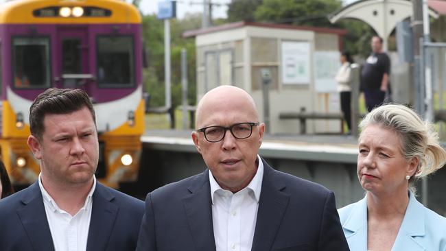 The Leader of the Opposition Peter Dutton at Leawarra train station in Frankston with Senator Bridget McKenzie and Liberal Party candidate for the Dunkley by election, Nathan Conroy. Friday, January 2, 2024. Picture: David Crosling