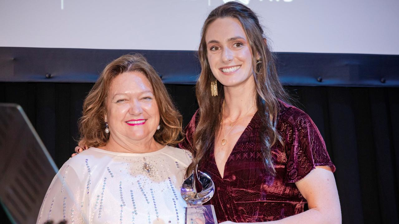 Mining billionaire Gina Rinehart with Australian rower Jessica Morrison, who won the Gina Rinehart Leadership Award in 2019. Picture: Rowing Australia