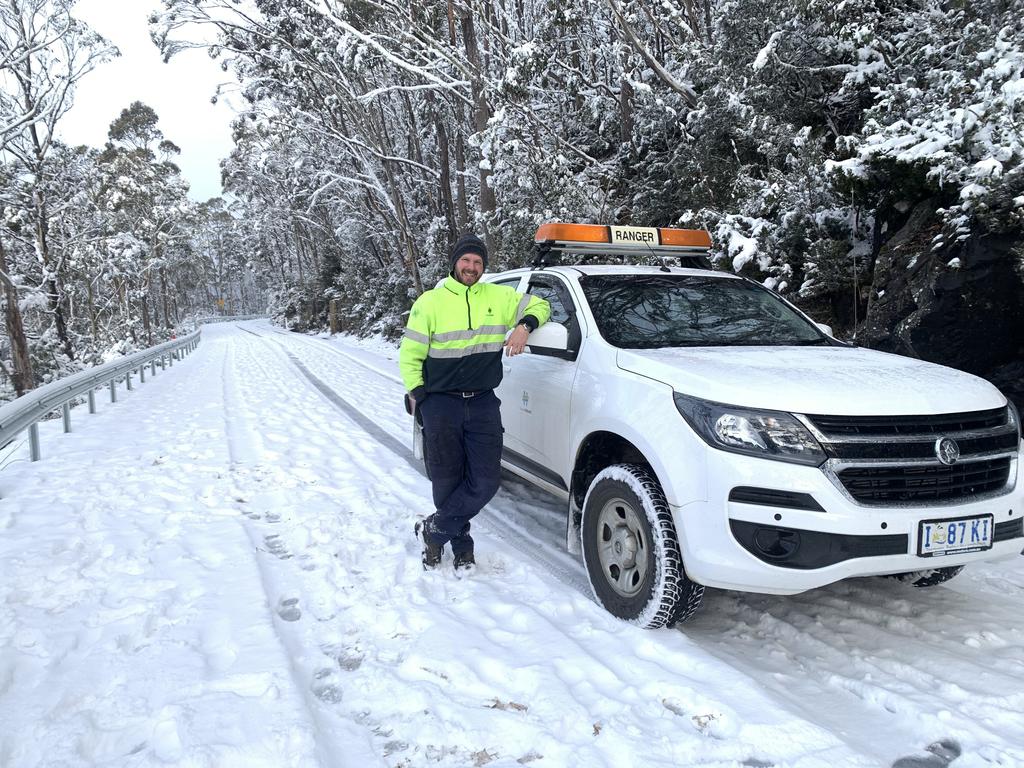 Jeram Cowley from Hobart City Council's Bushland Project Team in the snow on kunanyi/Mt Wellington on June 7 2022.