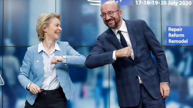 The European Commission’s Ursula von der Leyen and the European Council’s Charles Michel celebrate on Tuesday. Picture: AFP