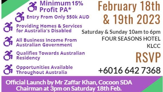 Another promotion for the Cocoon SDA investor launch in Malaysia in 2023. Picture: Facebook