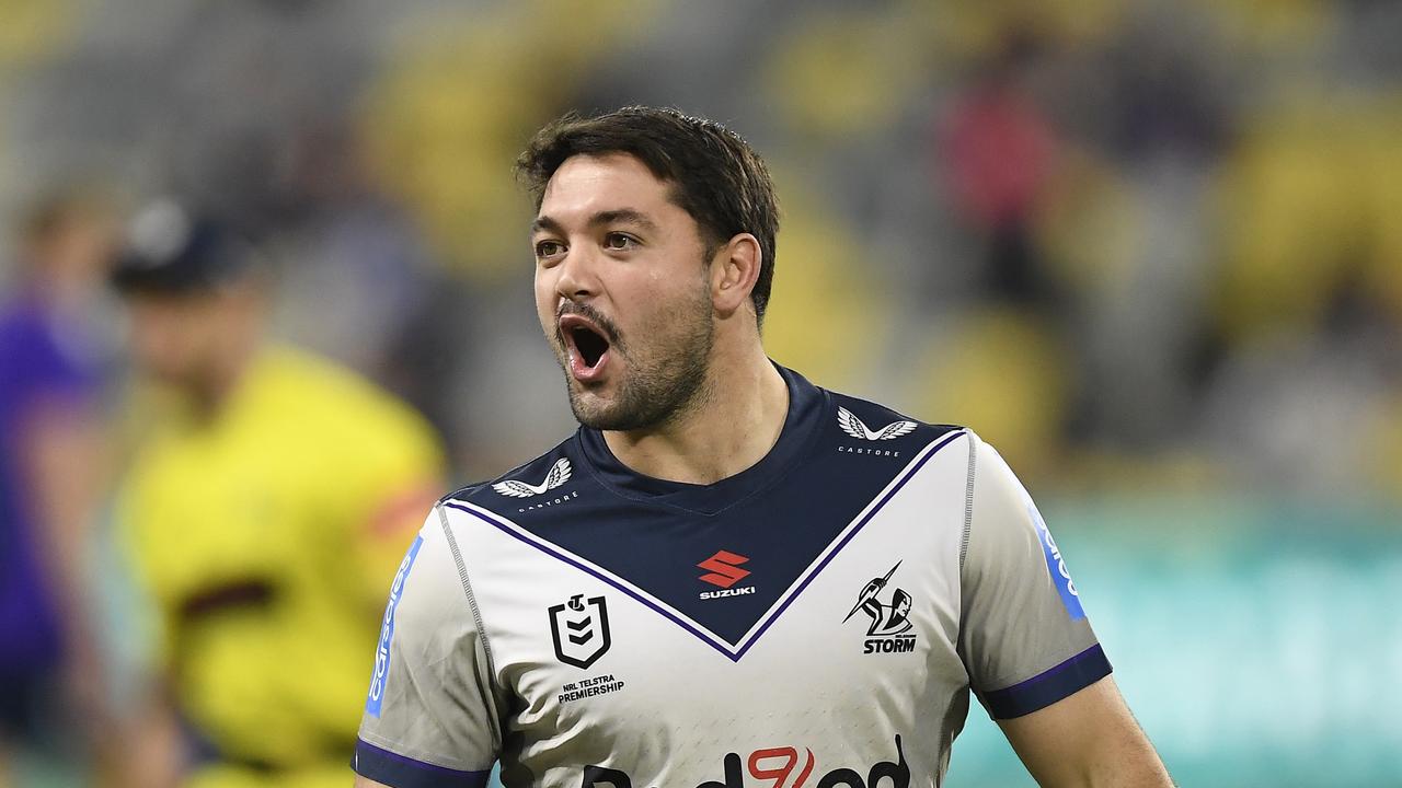 TOWNSVILLE, AUSTRALIA – JULY 23: Brandon Smith of the Storm warms up before the start of the round 19 NRL match between the North Queensland Cowboys and the Melbourne Storm at QCB Stadium, on July 23, 2021, in Townsville, Australia. (Photo by Ian Hitchcock/Getty Images)