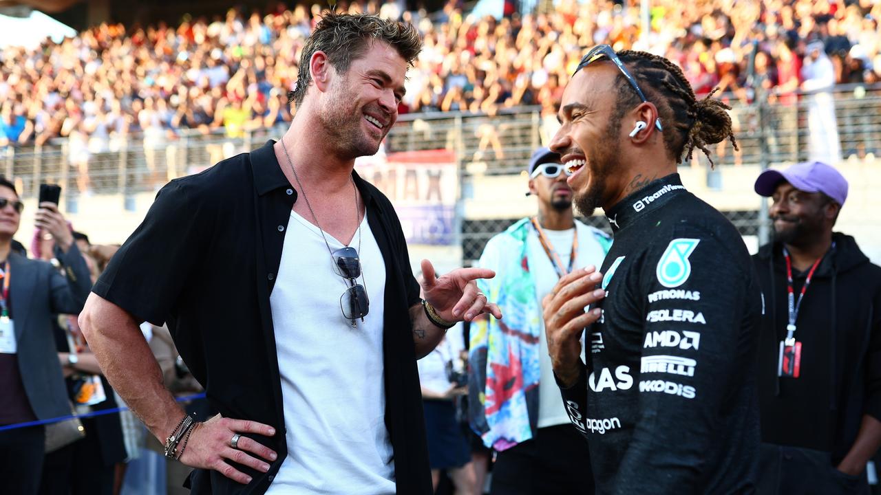 Chris Hemsworth chats with Lewis Hamilton on the grid prior to the F1 Grand Prix of Abu Dhabi. Picture: Dan Istitene/Formula 1 via Getty Images