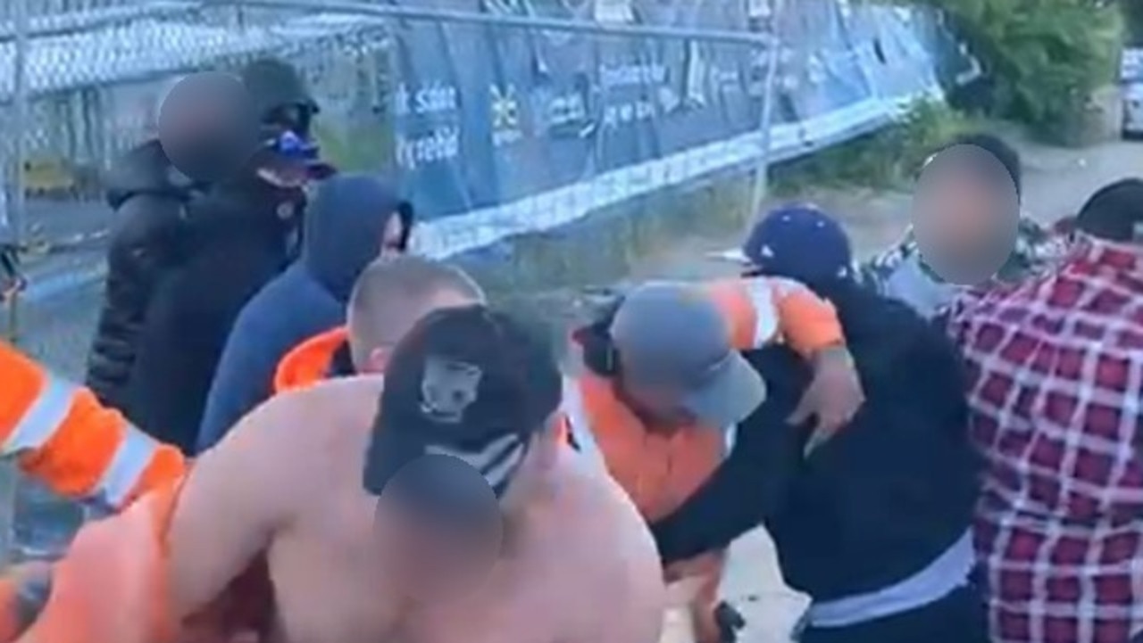 New footage of a wild brawl at a CFMEU picket line outside Cross River Rail has emerged.