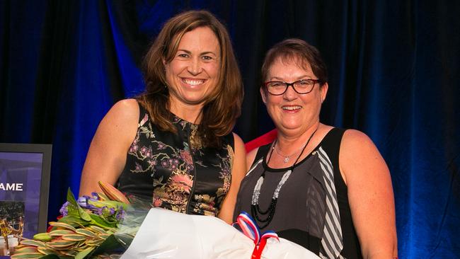 Netball NSW President Wendy Archer with Hall of Fame inductee Alison Broadbent at the 2015 Netball NSW State Dinner. Picture: Narelle Spangher/ Netball NSW.
