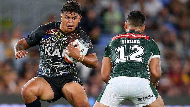 Latrell Mitchell runs the ball for the Indigenous All-Stars against New Zealand Maori Picture: Getty Images