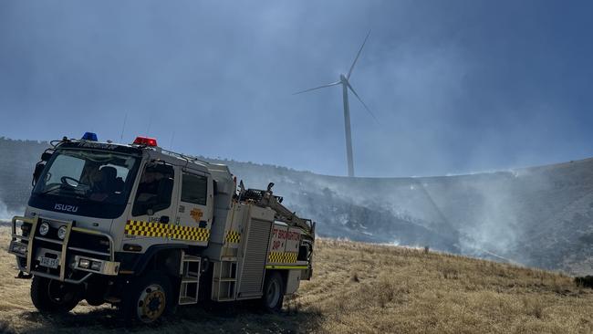 A wind turbine in the Mid-North has burst into flames, causing a grassfire that burnt about 30ha. Picture: CFS