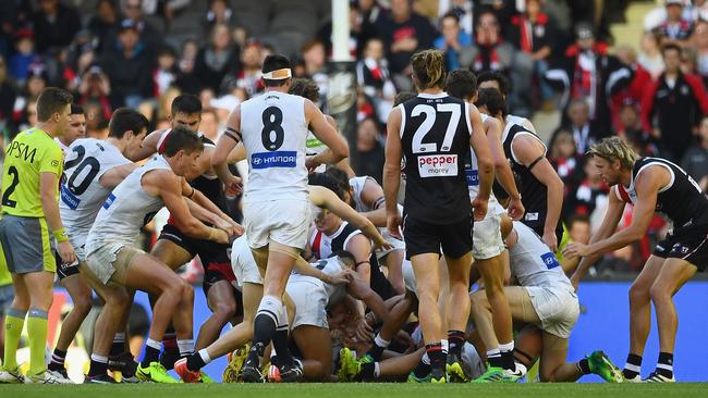 A huge melee erupted during St Kilda’s win over Carlton. Picture: Getty Images