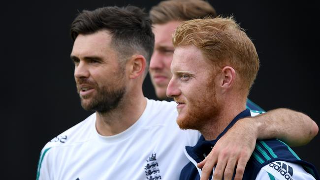 England bowler James Anderson shares a joke with Ben Stokes. (Photo by Stu Forster/Getty Images)