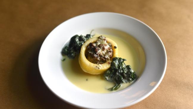 Polenta, mushrooms and three cheese sauce at Ruby Red Flamingo, North Adelaide.