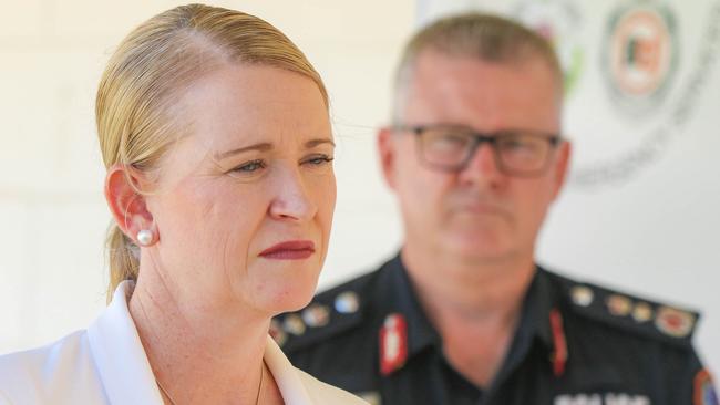 Deputy CM and Police Minister Nicole Manison and NT Police Commissioner Jamie Chalker with new trainee officers at the Peter McCaulay Centre. Picture Glenn Campbell