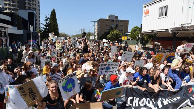 Protesters marching through Broadbeach, chanting as they pushed forward. Picture: Lawrence Pinder