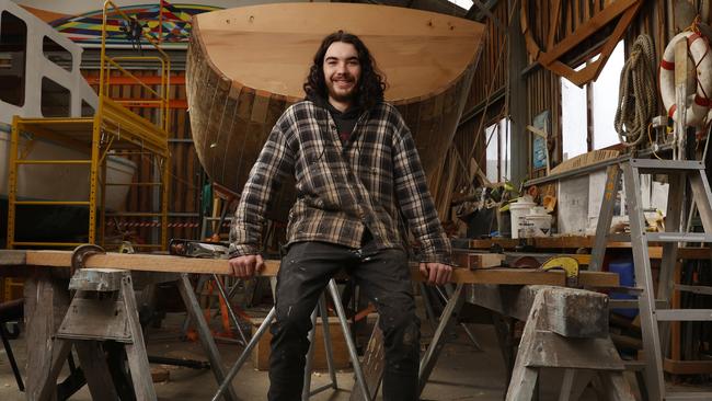 Tynan Herington the first apprentice to be taken on at The Wooden Boat Centre in Franklin to complete an apprenticeship in marine craft construction. Picture: Nikki Davis-Jones