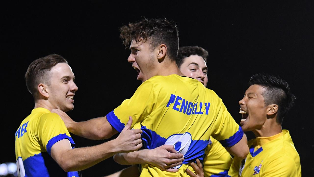 The Brisbane Strikers scored through Andy Pengelly (C) in the third minute, but things went downhill in the second half. (AAP Image/Dan Peled)