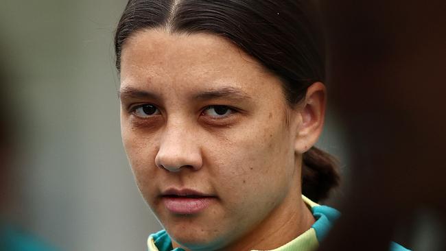 BRISBANE, AUSTRALIA - JULY 17: Sam Kerr during an Australia Matildas training session ahead of the FIFA Women's World Cup Australia & New Zealand 2023 Group B match between Australia and Ireland at Queensland Sport and Athletics Centre on July 17, 2023 in Brisbane, Australia. (Photo by Chris Hyde/Getty Images)