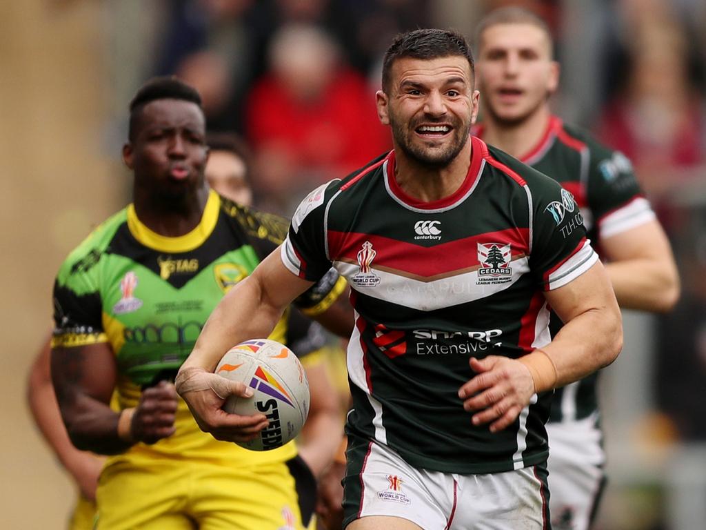 Josh Mansour is showing his wares playing for Lebanon at the World Cup. Picture: Charlotte Tattersall/Getty Images for RLWC