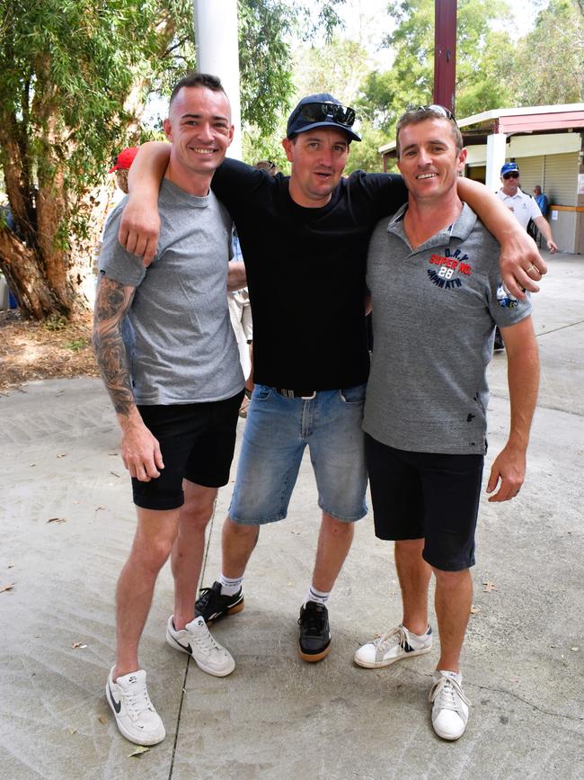 Jockey Ross O’Sullivan, Peter Cunningham and retired jumps jockey Clayton Chipperfield having an action-packed day at the Ladbrokes Stony Creek Cup on Sunday, March 09, 2025. Picture: Jack Colantuono