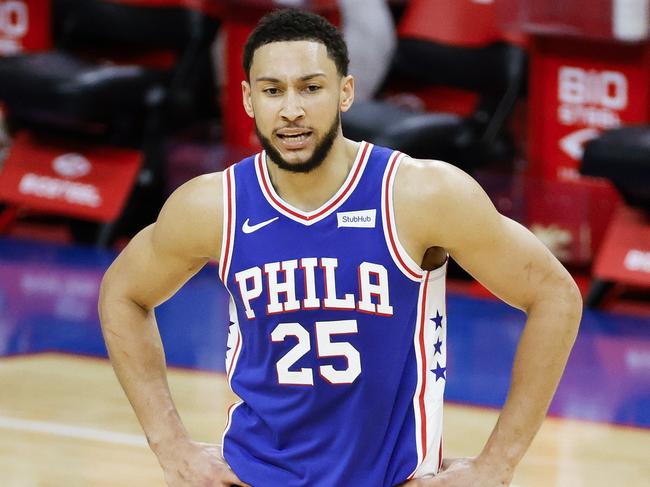 PHILADELPHIA, PENNSYLVANIA - MARCH 01: Ben Simmons #25 of the Philadelphia 76ers calls to teammates during the third quarter against the Indiana Pacers at Wells Fargo Center on March 01, 2021 in Philadelphia, Pennsylvania. NOTE TO USER: User expressly acknowledges and agrees that, by downloading and or using this photograph, User is consenting to the terms and conditions of the Getty Images License Agreement.   Tim Nwachukwu/Getty Images/AFP == FOR NEWSPAPERS, INTERNET, TELCOS & TELEVISION USE ONLY ==