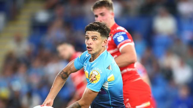 Jayden Campbell of the Gold Coast Titans passes during the round six NRL match between Gold Coast Titans and St George Illawarra Dragons at Cbus Super Stadium. (Picture: Chris Hyde/Getty Images)