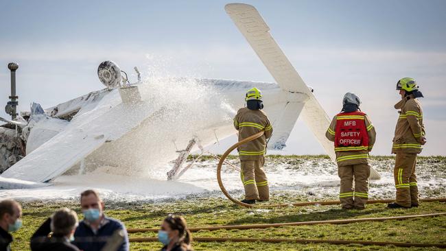 Fire crews at the scene of a plane crash in Heatherton. Picture: Jake Nowakowski